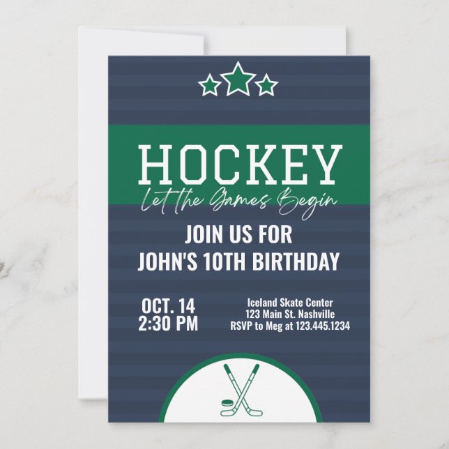 Ice Hockey Birthday Blue Green Stripe Invitation (Front)