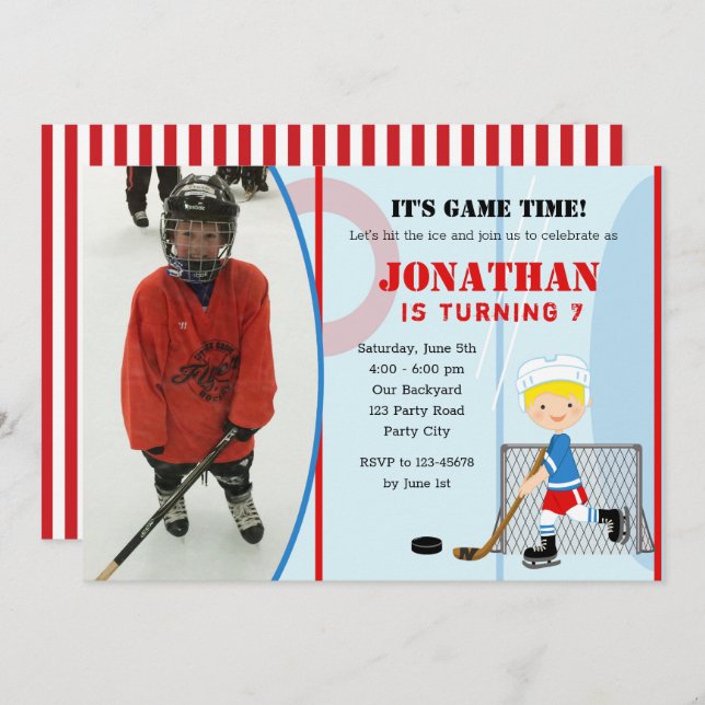 Ice Hockey Birthday Invitations with Photo (Boys) (Front/Back)