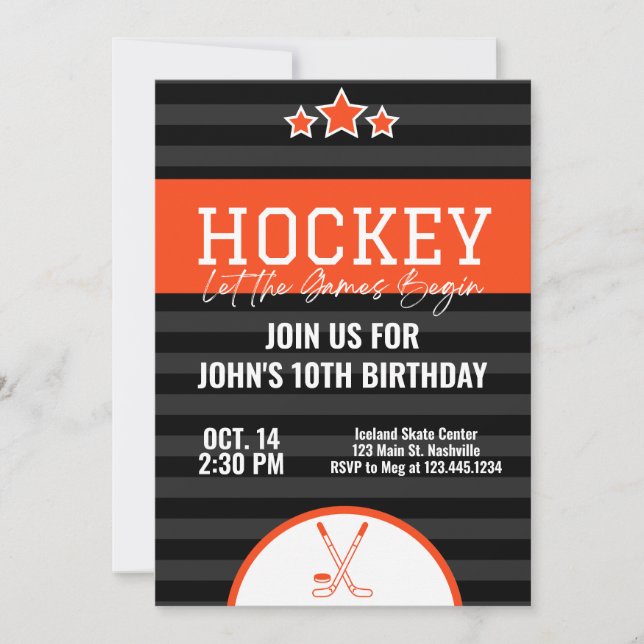 Ice Hockey Birthday Orange Black Stripe Invitation (Front)