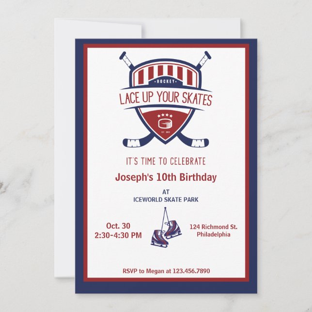 Ice Hockey Blue White Birthday Party Invitation (Front)