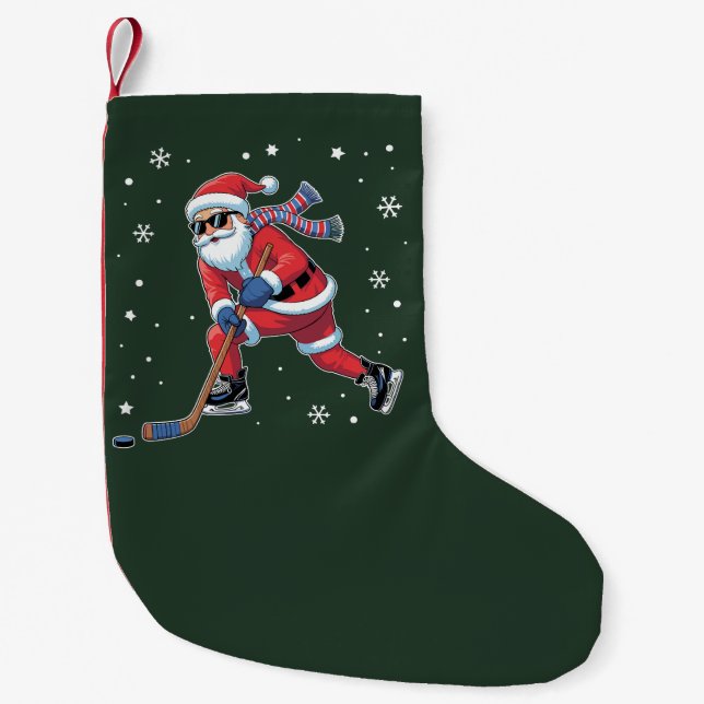 Ice Hockey Christmas Santa Playing Ice Sports Team Small Christmas Stocking (Front)