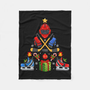 Ice Hockey Christmas Tree Lights Red Santa Hat Xma Fleece Blanket