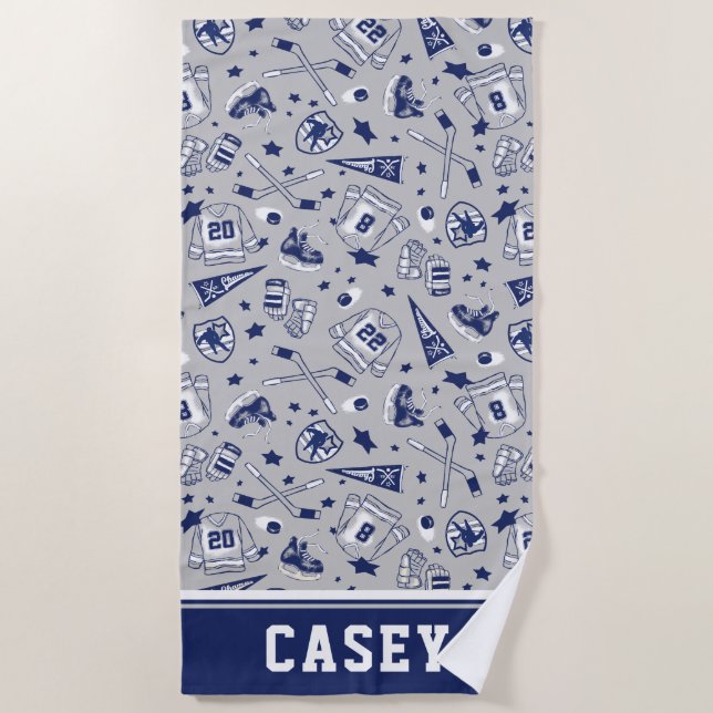 Ice Hockey Gear Grey Navy White Outline Print Beach Towel (Front)