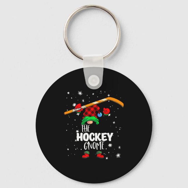 Ice Hockey Gnome Red Buffalo Plaid Matching Family Key Ring (Front)