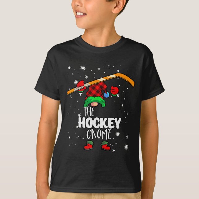 Ice Hockey Gnome Red Buffalo Plaid Matching Family T-Shirt (Front)
