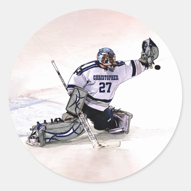 Ice Hockey Goalkeeper With Your Name Drawing Classic Round Sticker (Front)