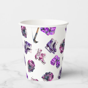 Ice Hockey Ice-Skating Girls Pink Purple Birthday Paper Cups