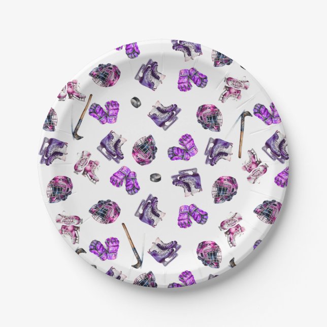 Ice Hockey Ice-Skating Girls Pink Purple  Paper Plate (Front)