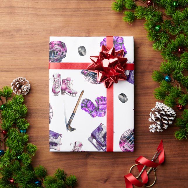 Ice Hockey Ice-Skating Girls Pink Purple  Wrapping Paper (Holiday Gift)