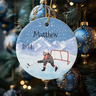 Ice Hockey name Personalised Watercolor Ceramic Tree Decoration