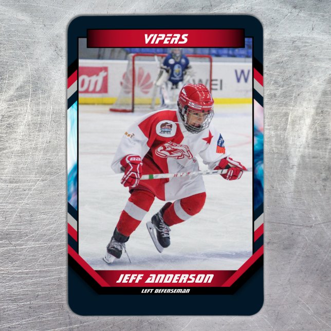 Ice Hockey Player Keepsake On Cool Blue Custom Magnet (Ice Hockey Trading Card Magnet: Futuristic design, dynamic action. Perfect for young fans!)