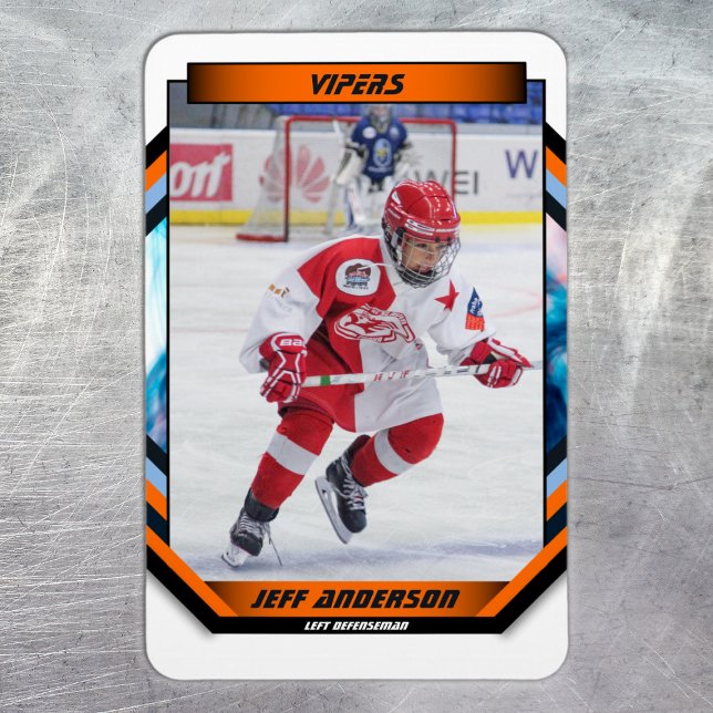 Ice Hockey Player Keepsake On Cool Orange Custom Magnet (Ice Hockey Trading Card Magnet: Futuristic design, dynamic action. Perfect gift for young fans!)