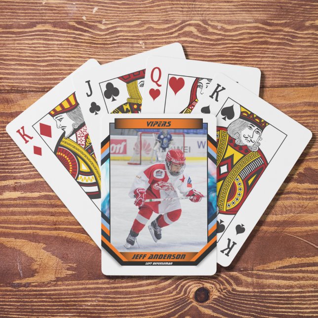 Ice Hockey Player Keepsake On Cool Orange Custom Playing Cards (Capture the excitement of the ice hockey sport with this dynamic and customizable orange,blue design)