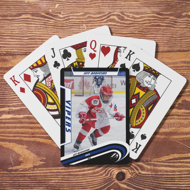 Ice Hockey Player Keepsake On Lively Blue Custom Playing Cards (Capture ice hockey memories with dynamic blue playing cards. Perfect souvenir or gift idea!)