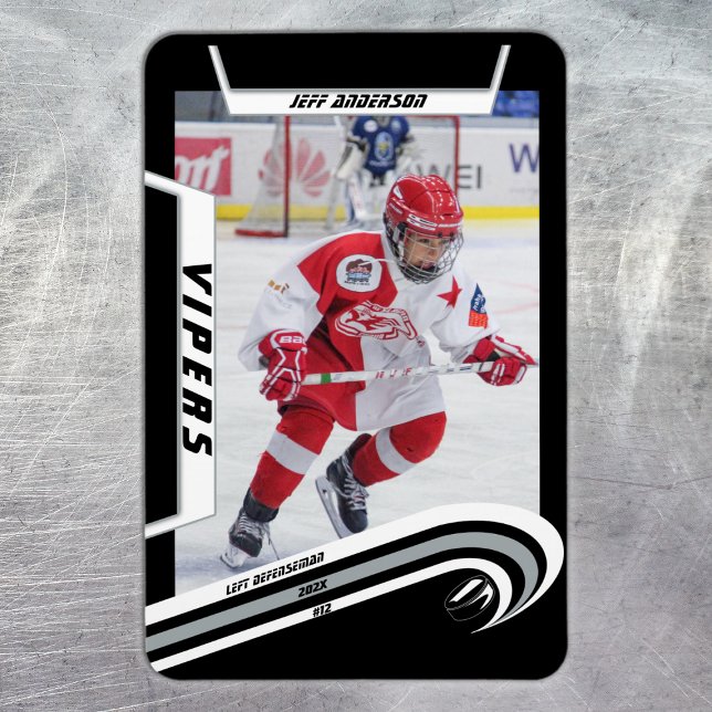Ice Hockey Player Keepsake On Lively Silver Black Magnet (Ice Hockey: Sleek silver jersey magnet with customizable player image, logo, and number.)