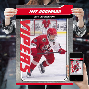 Ice Hockey Player On Customisable Red Metal Poster