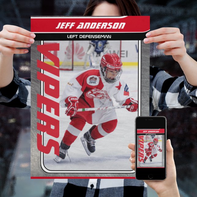 Ice Hockey Player On Customisable Red Metal Poster (Proudly share youre kids' achievements with this red black and metal Poster)