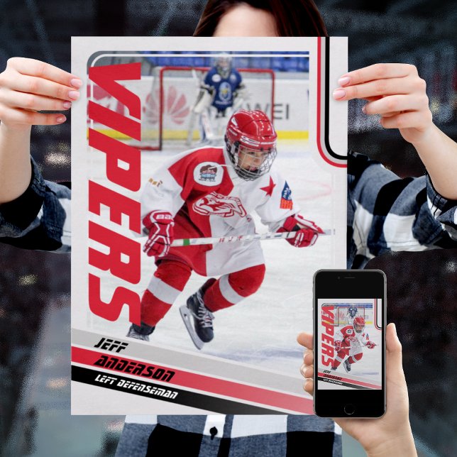 Ice Hockey Player On Customizable Red Poster (Unleash the ultimate power of customization with our red and black ice hockey Poster)