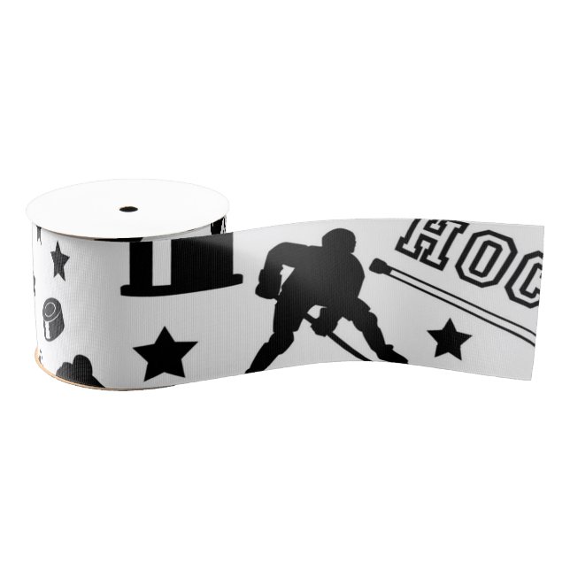 Ice Hockey Puck Sticks Player Pattern Fun Sports Grosgrain Ribbon (Spool)