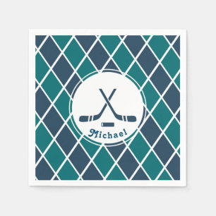 Ice Hockey Pucks Personalised Striped Blue & Green Napkin