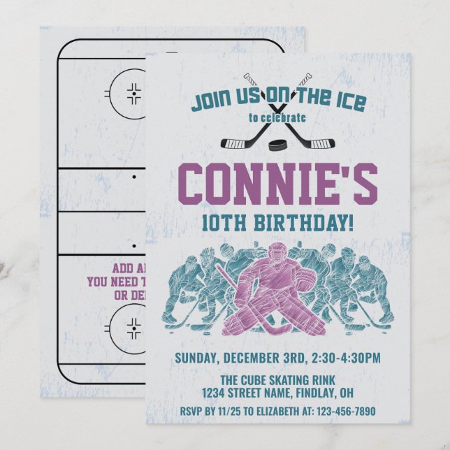 Ice Hockey Rink Birthday Party, Purple Any Age Invitation (Front/Back)
