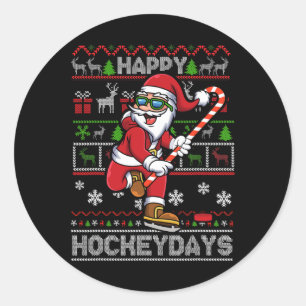 Ice Hockey Santa Claus Happy Hockeydays Funny Chri Classic Round Sticker