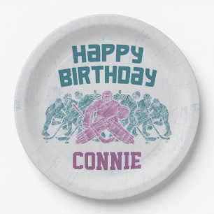 Ice Hockey Skate Rink Purple Happy Birthday Paper Plate