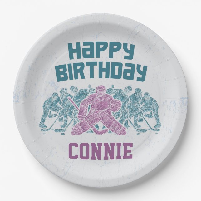 Ice Hockey Skate Rink Purple Happy Birthday Paper Plate (Front)
