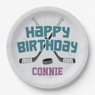 Ice Hockey Skate Rink Purple Happy Birthday Paper Plate