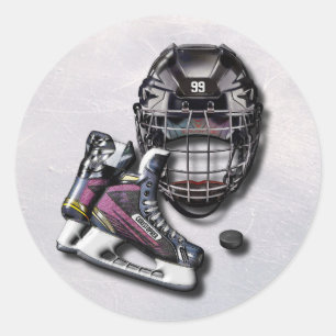 Ice Hockey Skates Helmet Puck With Name And Number Classic Round Sticker