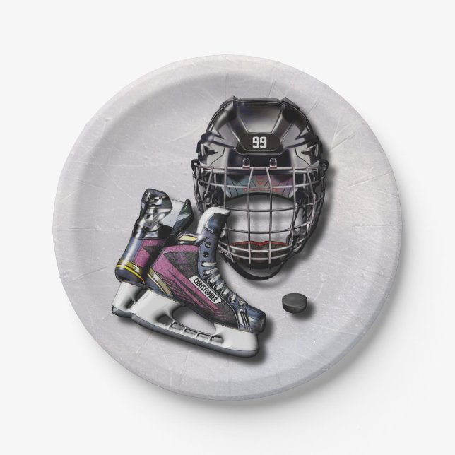 Ice Hockey Skates Helmet Puck With Name And Number Paper Plate (Front)