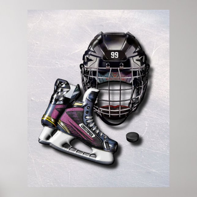 Ice Hockey Skates Helmet Puck With Name And Number Poster (Front)
