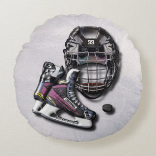 Ice Hockey Skates Helmet Puck With Name And Number Round Cushion