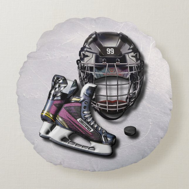 Ice Hockey Skates Helmet Puck With Name And Number Round Cushion (Front)