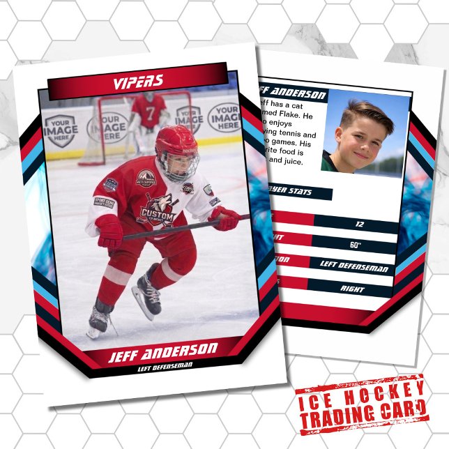 Ice Hockey Trading Card in Cool Red Blue White (Ice Hockey Trading Card: Dynamic design, bold colors. Ideal gift for young hockey fans!)