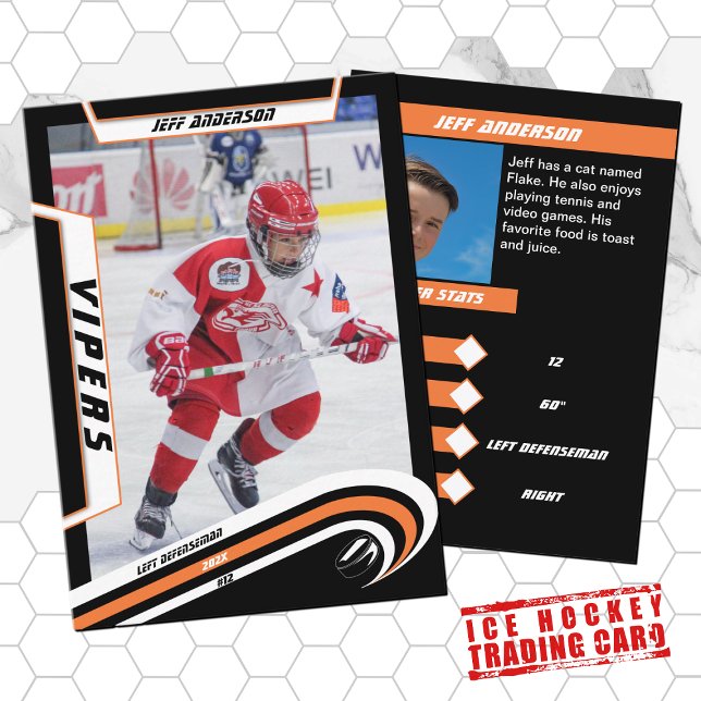 Ice Hockey Trading Card in Lively Orange (Orange zest for young hockey stars! Stylish souvenir, back-to-school coolness. Ideal for your child.)
