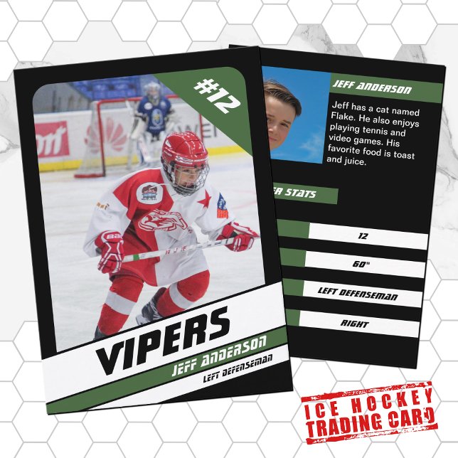 Ice Hockey Trading Card in Vibrant Green Black (Proudly share youre kids' achievements with this green white card)