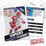 Ice Hockey Trading Card in Vigourous Blue White<br><div class="desc">Parents of young ice hockey players in little leagues can proudly display their kids' accomplishments on the ice using these customisable blue and white trading cards. Both the front and back photos can be adjusted to spotlight your young player, allowing for a changeable Jersey Number. Almost all text on the...</div>