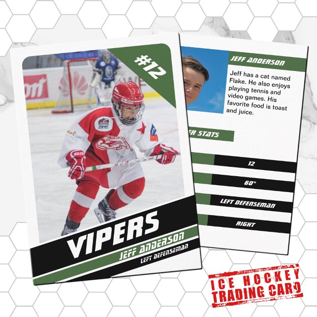 Ice Hockey Trading Card in Vigourous Green White (Proudly share youre kids' achievements with this green white and black card)