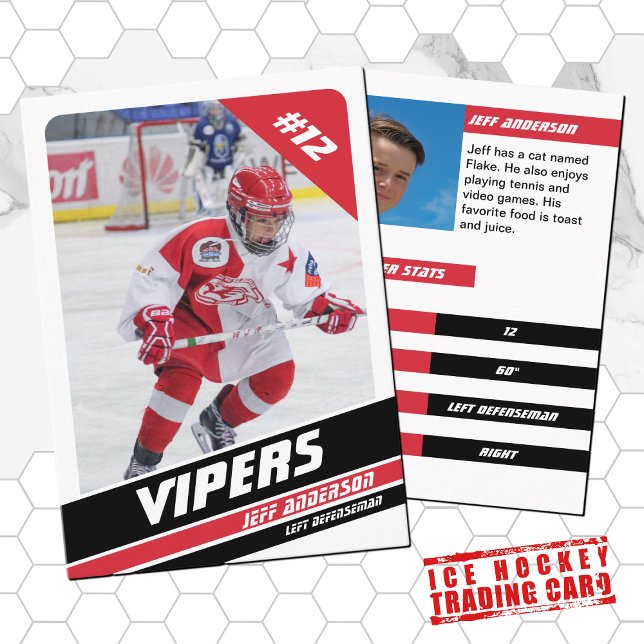 Ice Hockey Trading Card in Vigourous Red White (Proudly share youre kids' achievements with this red white and black card)