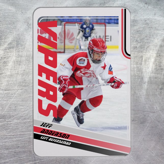 Ice Hockey Trading Card Magnet (Ice Hockey Trading Card Magnet: Stylish red design on grey with black stripes. Perfect for kids!)