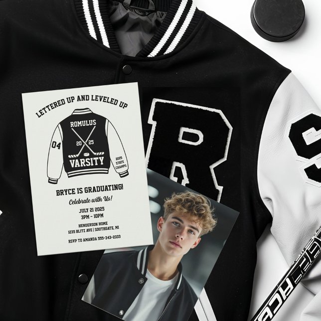 Ice Hockey Varsity Jacket Graduation Party Invitation (Hockey Graduation Party Invitation)