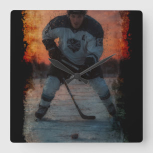 Ice Hocky Player at Sunset Square Wall Clock