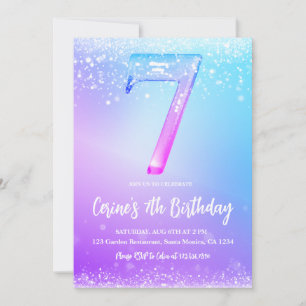 Ice number white glitter Girl 7th Birthday  Invitation