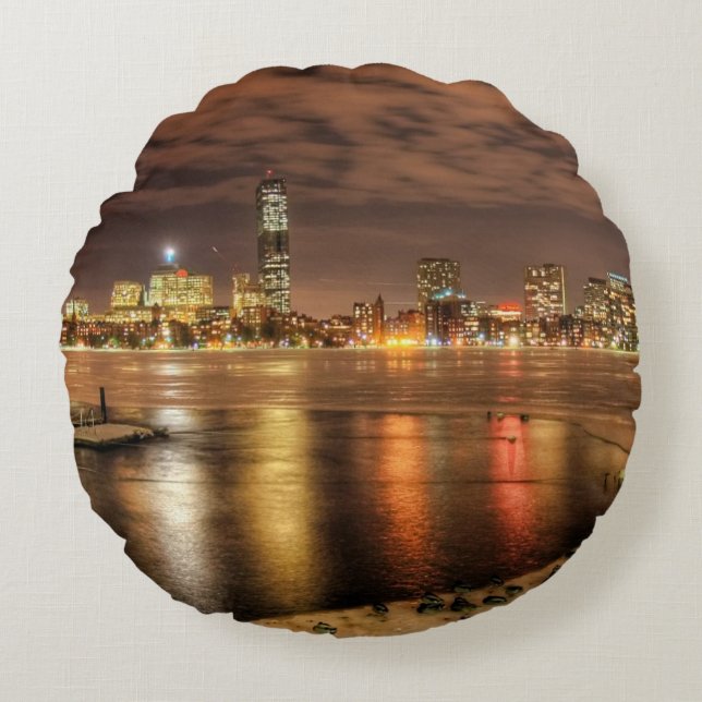 Ice partially melted on Charles River in Boston Round Cushion (Front)