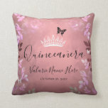 Ice Pink Fancy Roses Quinceanera Pink Throw Pillow<br><div class="desc">Elegant and trendy design with fancy script typography. All text is adjustable and easy to change for your own party needs. Great elegant Quinceañera design. Available in different colours. Ice pink faded overlay rose design with tiny butterfly. Textured background. Keep the style or rearrange to create your own! 15th birthday...</div>