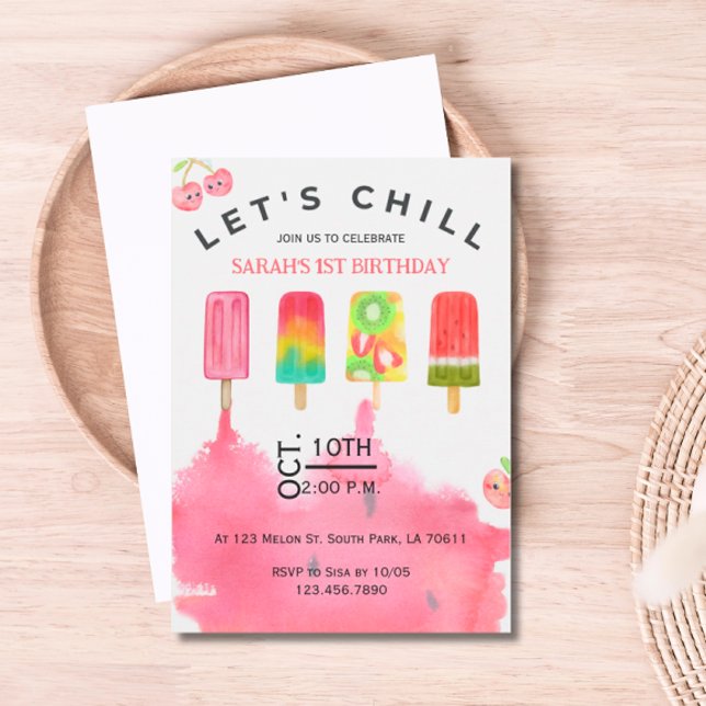 Ice Pop Let's Chill Summer Birthday Invitation (Let's Chill Popsicle Birthday Invitation )