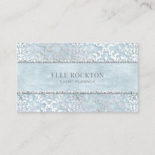 Ice Powder Blue Glimmer Damask Silver Business Card
