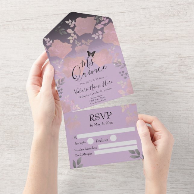 Ice Rose Pink Floral Quinceanera All In One Invita Invitation (Tearaway)