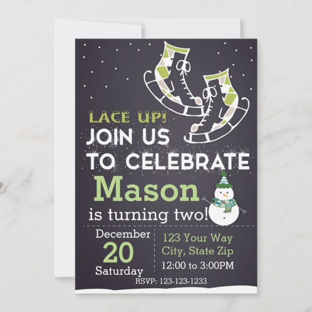 Ice Skate Birthday Invitation (green) (Front)